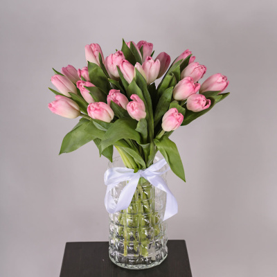 Розовые Тюльпаны 25 шт. МИКС с лентой (без упаковки) арт. 7338