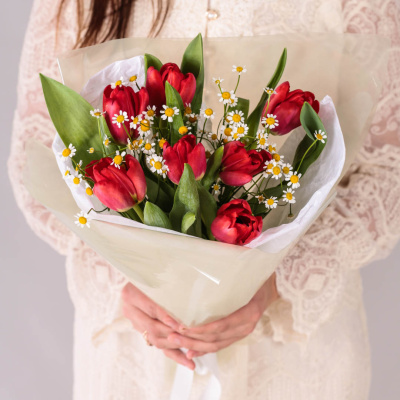 Букет из 7 красных тюльпанов с ромашками арт. 59873