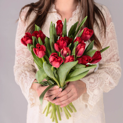 Тюльпаны красные 15 шт. с лентой (без упаковки) арт. 28774