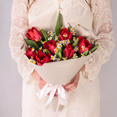 Небольшой букет из красных тюльпанов с ромашками арт. 46336
