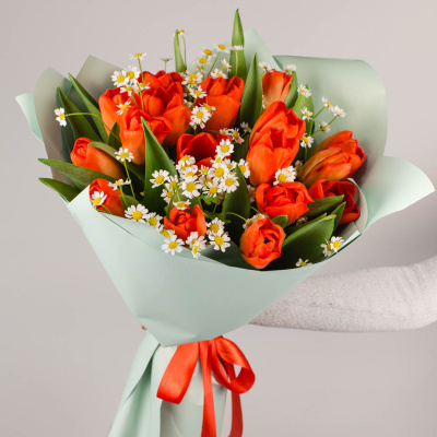 Букет из 19 ярких красных тюльпанов с ромашками арт. 46334