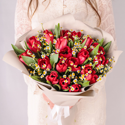 Букет из 19 красных тюльпанов с ромашками арт. 46334