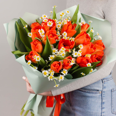 Букет из 19 ярких красных тюльпанов с ромашками арт. 46334