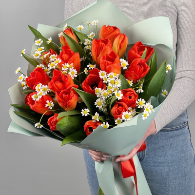 Букеты из красных тюльпанов с ромашками для мамы и дочки арт. 46331