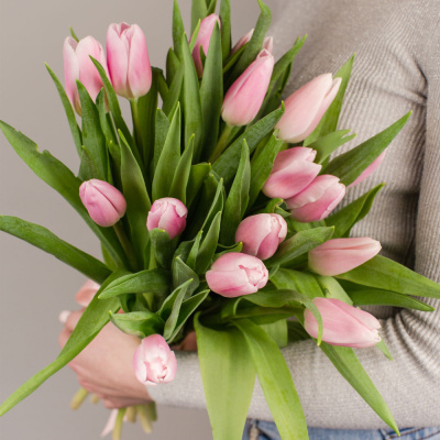 Тюльпаны розовые 15 шт. с лентой (без упаковки) арт. 28774