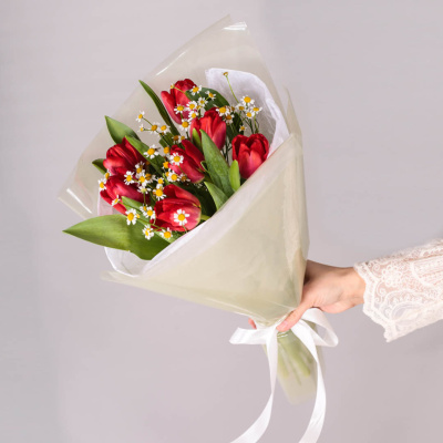 Букет из 7 красных тюльпанов с ромашками арт. 59873