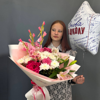 Букет с гладиолусами, лилией и розами Арт 14900