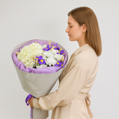 Букет с гортензией и ирисами арт. 84696