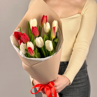 Букет из 15 красно-белых тюльпанов в упаковке арт.  59900